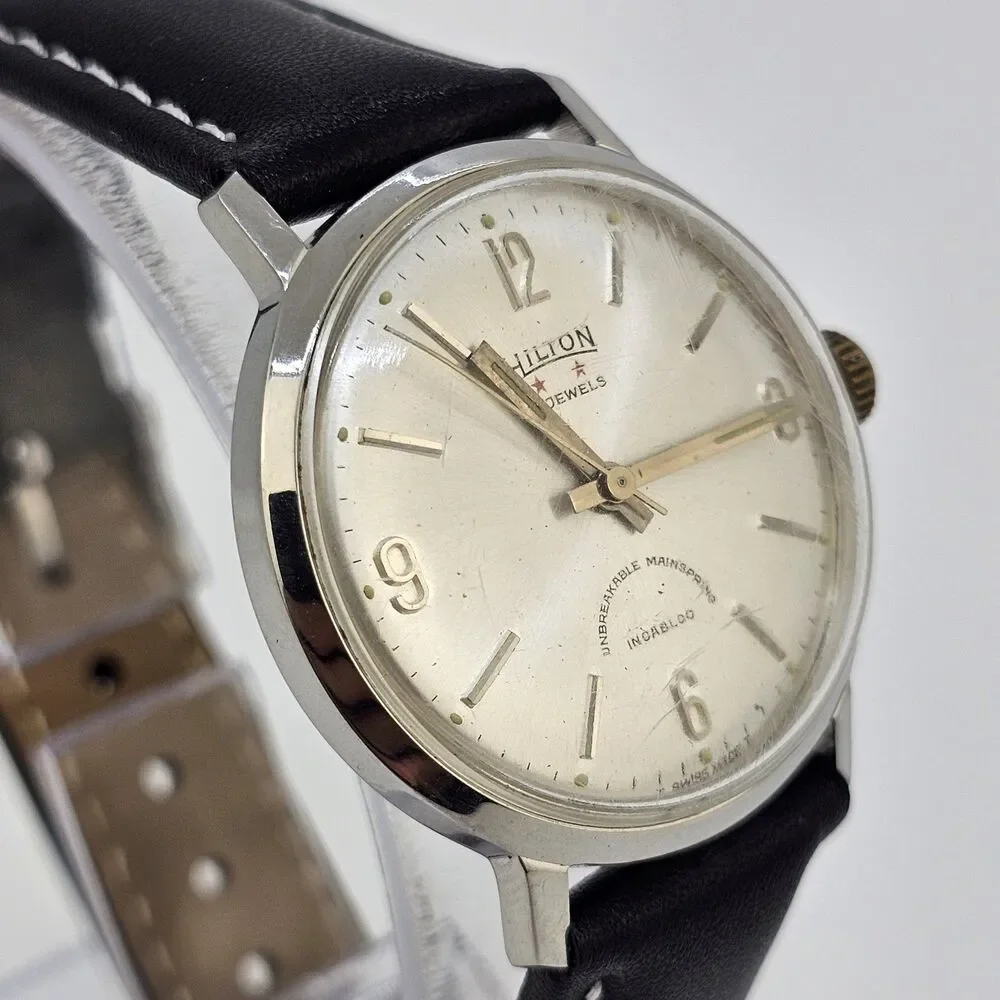 VTG Hilton Automatic Men's Watch 34MM‎ Gray Dial Swiss New Black Leather Bands - Picture 4 of 16